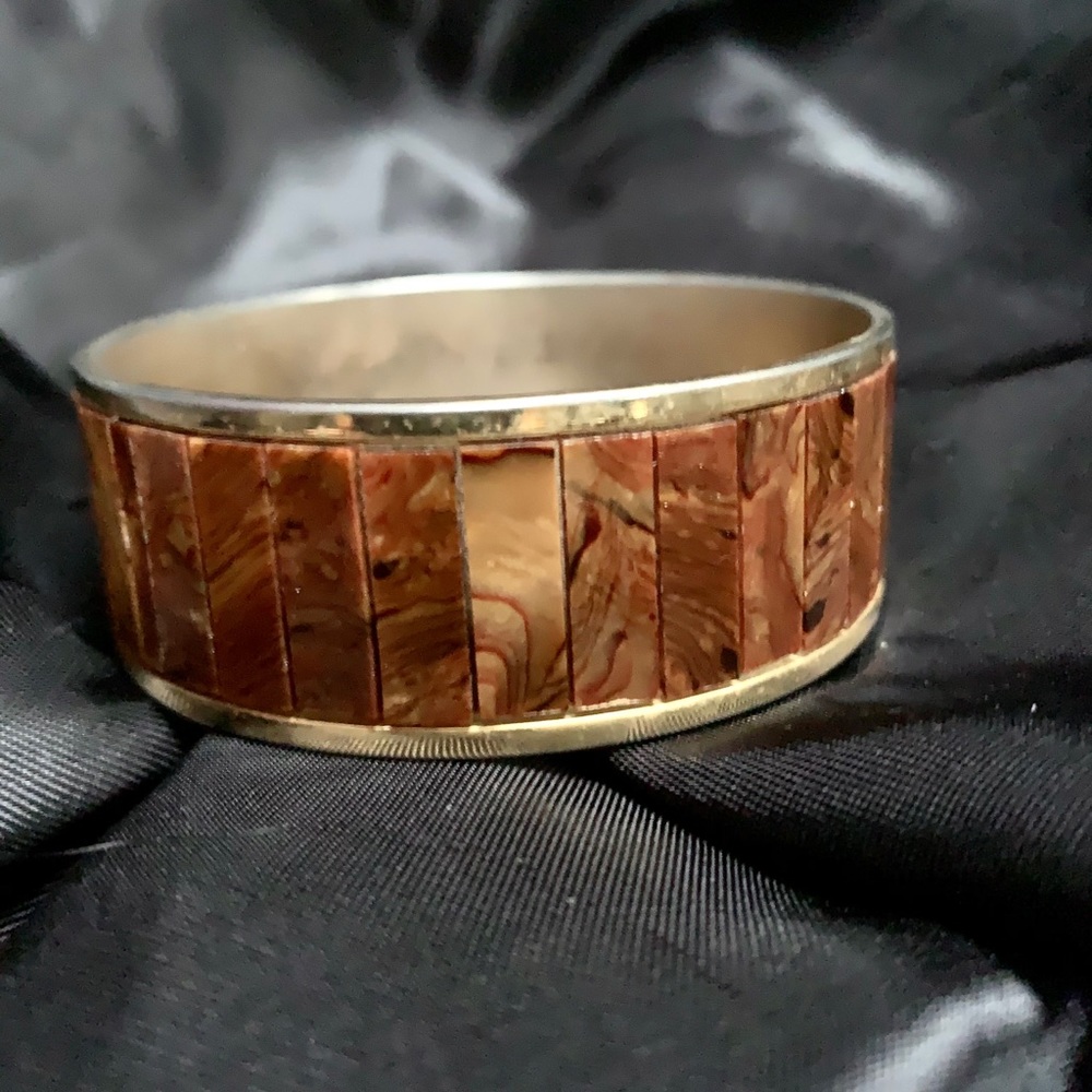 Wooden Inlay Gold Bangle Bracelet